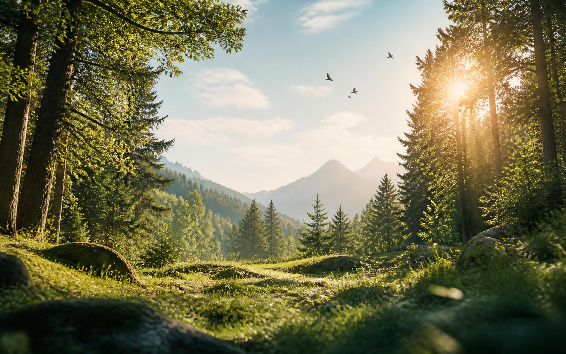 Waldlichtung mit Vögeln, Himmel und Sonne