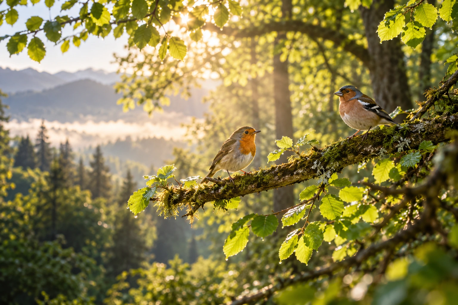 Zwei Vögel auf einem moosbewachsenen Ast im Wald mit goldenem Sonnenschein