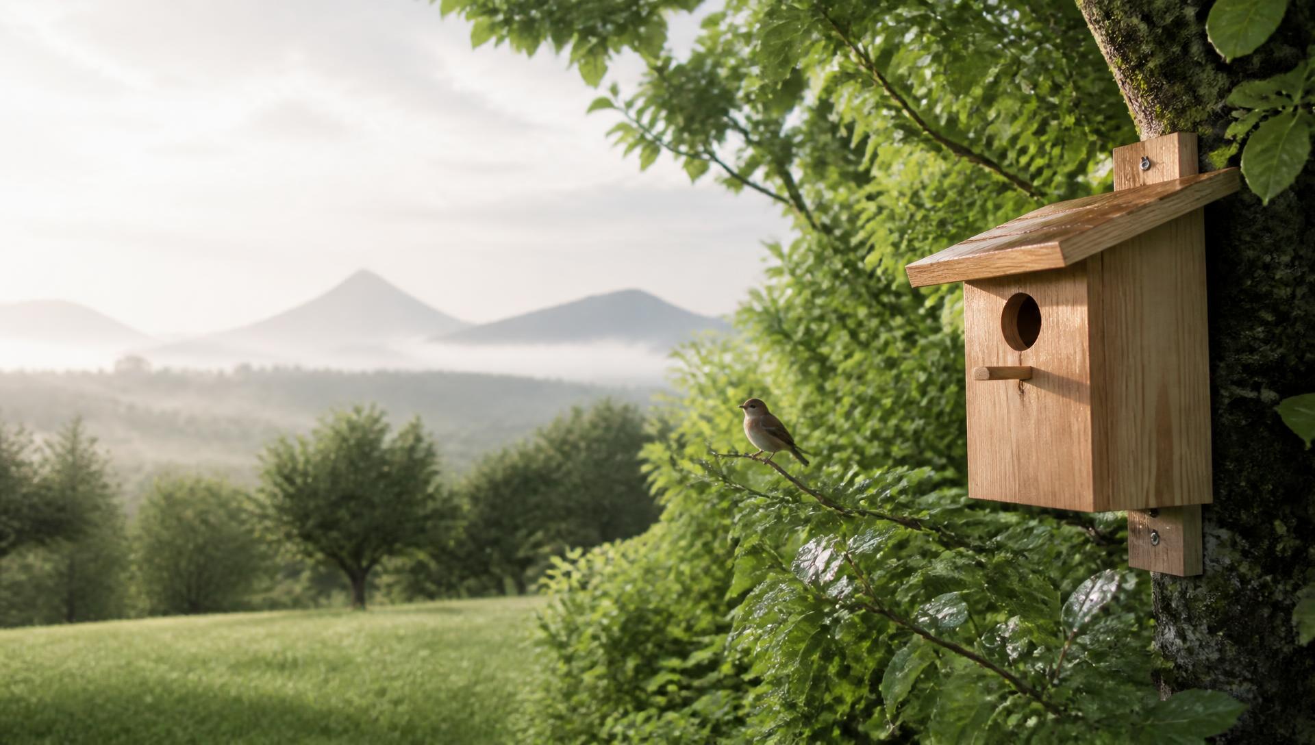 Sonnenlicht zwischen Bäumen mit Vogelhaus